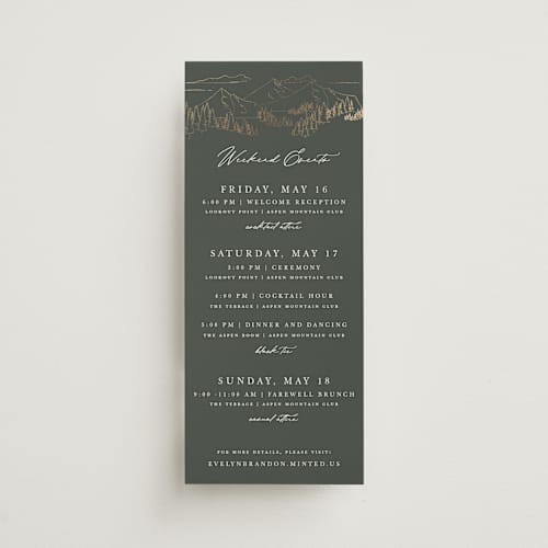 This is a hunter ceremony reception essentials with foil pressed by Sarah Brown called peaks printing on signature in 4x9