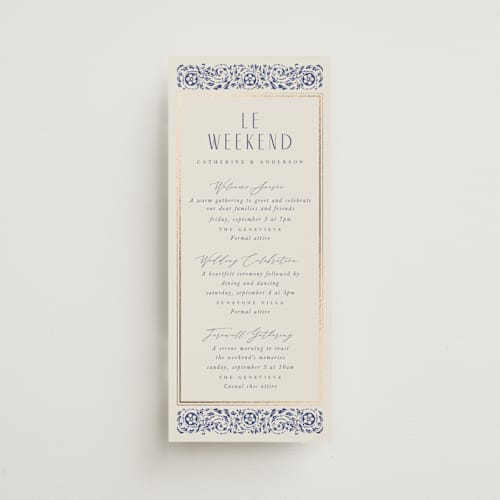 This is a dynasty blue ceremony reception essentials with foil pressed by Ana de Sousa called tiled romance printing on signature in 4x9