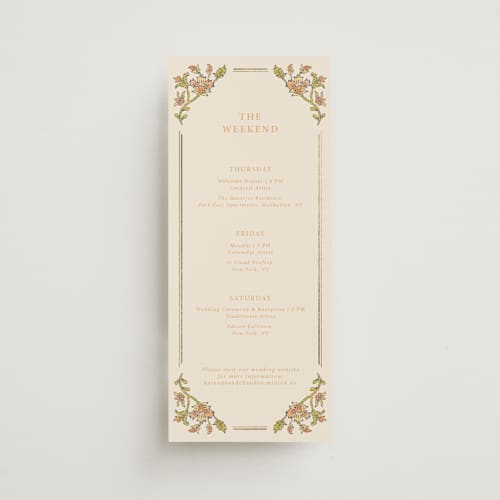 This is a ochre ceremony reception essentials with foil pressed by Hannah Bowman called marigold printing on signature in 4x9