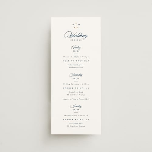 This is a royal navy ceremony reception essentials with foil pressed by Olivia Raufman called anchored printing on signature in 4x9