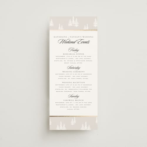 This is a snow ceremony reception essentials with foil pressed by Stacy Maalouf called gilded forest printing on signature in 4x9