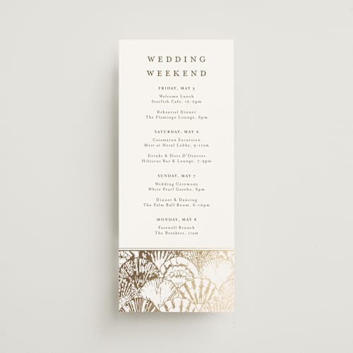 This is a pearl ceremony reception essentials with foil pressed by Maria Alou called by the seashore printing on signature in 4x9