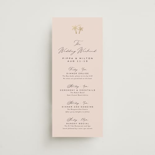 This is a blush ceremony reception essentials with foil pressed by Laura Hamm called tropical getaway printing on signature in 4x9