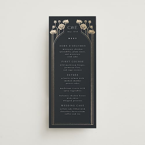 This is a navy menu cards with foil pressed by Ana de Sousa called nouveau flowers printing on signature in 4x9