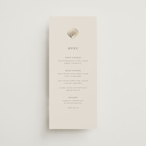 This is a sand menu cards with foil pressed by Hannah Bowman called simple seashell printing on signature in 4x9