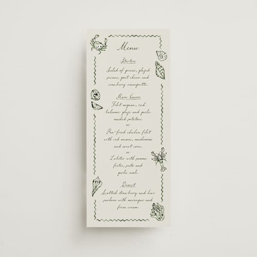 This is a algae menu cards with standard by Pati Cascino called puglia printing on signature in 4x9
