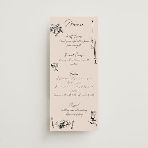 This is a black dahlia menu cards with standard by Cass Loh called tablescape drawing printing on signature in 4x9