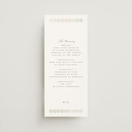 This is a silk unique wedding programs with foil pressed by mo kelley called pearls printing on signature in 4x9