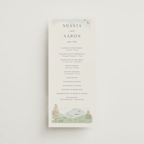 This is a evergreen unique wedding programs with foil pressed by Paper Sun Studio called mountaintop printing on signature in 4x9