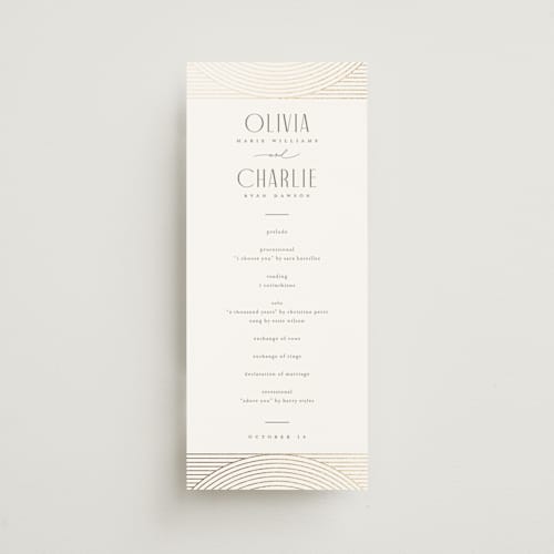 This is a alabaster unique wedding programs with foil pressed by Pixel and Hank called moderne printing on signature in 4x9