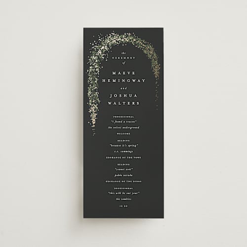 This is a tuxedo unique wedding programs with foil pressed by Leah Bisch called winter garland printing on signature in 4x9