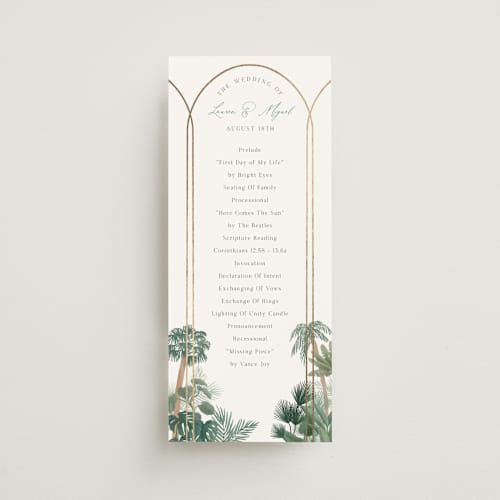 This is a seagreen unique wedding programs with foil pressed by Elly called the greenhouse printing on signature in 4x9