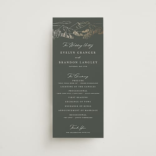This is a hunter unique wedding programs with foil pressed by Sarah Brown called peaks printing on signature in 4x9