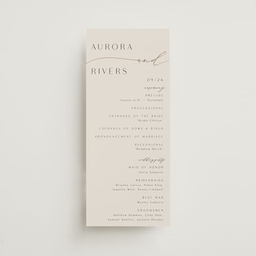 This is a smoke unique wedding programs with foil pressed by Olivia Raufman called gathering printing on signature in 4x9