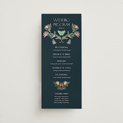 This is a midnight garden unique wedding programs with foil pressed by Simona Camp called gilded tapestry printing on signature in 4x9