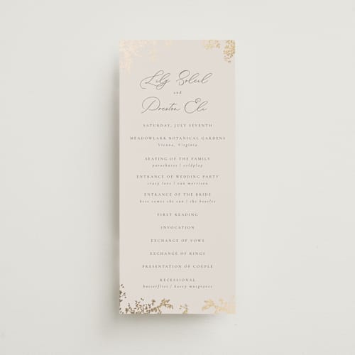 This is a luxe neutral unique wedding programs with foil pressed by Design Lotus called forever and a day printing on signature in 4x9
