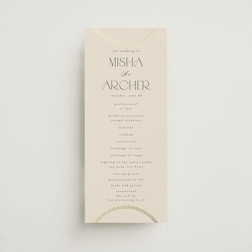 This is a latte unique wedding programs with foil pressed by Kristie Kern called misha printing on signature in 4x9