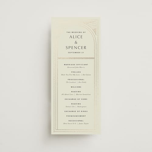 This is a fir unique wedding programs with foil pressed by Kindred Fields called deco arch printing on signature in 4x9