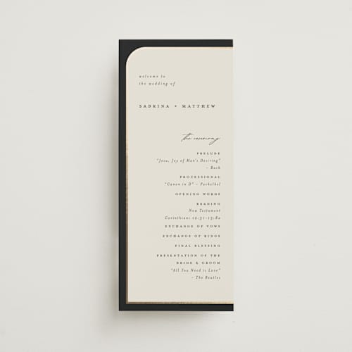 This is a black tie unique wedding programs with foil pressed by Carolyn Nicks called tuxedo printing on signature in 4x9