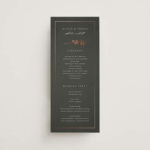 This is a ivy unique wedding programs with foil pressed by Kelly Schmidt called quince printing on signature in 4x9