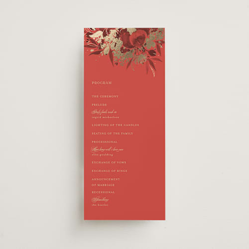 This is a cherry unique wedding programs with foil pressed by Shannon Chen of Four Wet Feet Studio called happiness printing on signature in 4x9