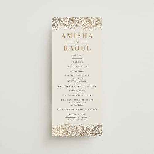 This is a champagne unique wedding programs with foil pressed by Oma N. Ramkhelawan called elegant henna printing on signature in 4x9