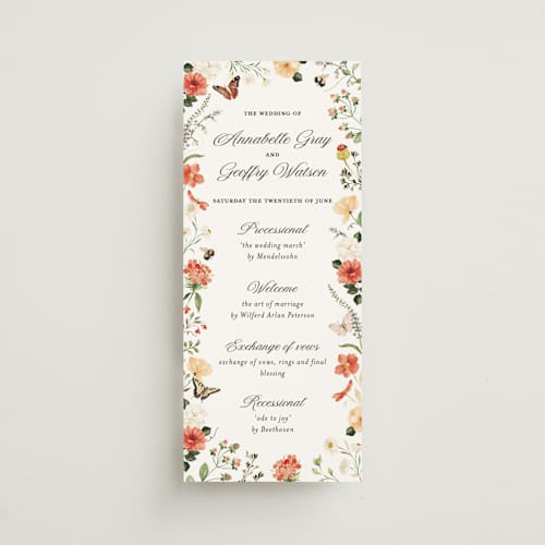This is a verona sunset unique wedding programs with foil pressed by Sarah Knight called fleur printing on signature in 4x9