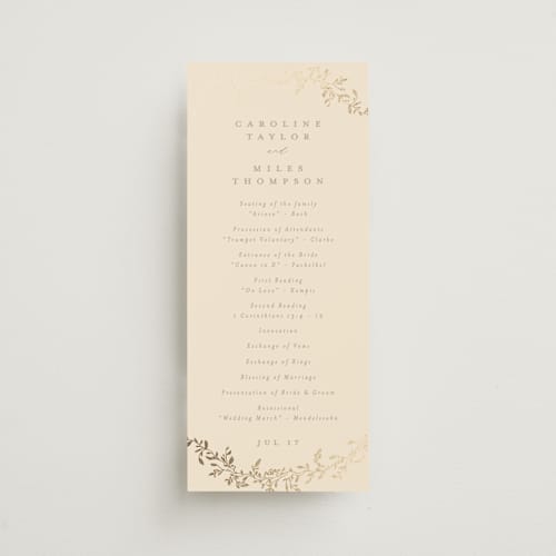 This is a sand unique wedding programs with foil pressed by Creo Study called leafy garland printing on signature in 4x9