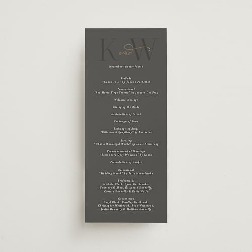 This is a stormy unique wedding programs with foil pressed by Jessica Williams called over monogram printing on signature in 4x9