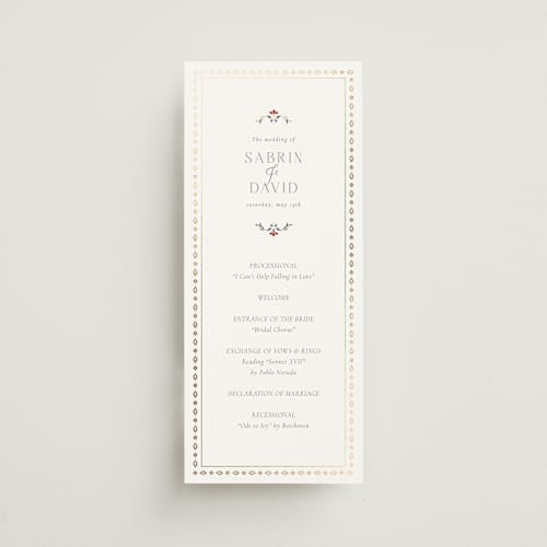 This is a scarlet unique wedding programs with foil pressed by Sabrin Deirani called islamic arch printing on signature in 4x9