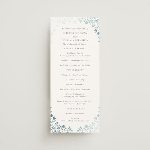 This is a royal unique wedding programs with foil pressed by Nam Bourassa called pomegranate floral frame printing on signature in 4x9