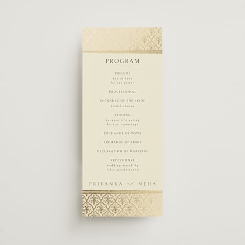 This is a marigold unique wedding programs with foil pressed by Pati Cascino called aatreya printing on signature in 4x9