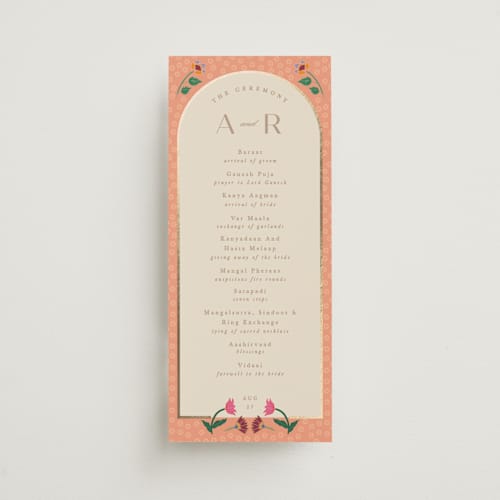 This is a pistachio unique wedding programs with foil pressed by Creo Study called indian garden printing on signature in 4x9