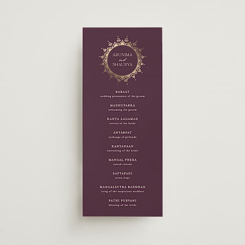This is a plum unique wedding programs with foil pressed by Randi Cirelli called arunima printing on signature in 4x9