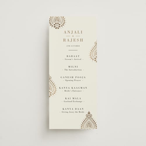 This is a champagne unique wedding programs with foil pressed by Oma N. Ramkhelawan called henna stamp printing on signature in 4x9