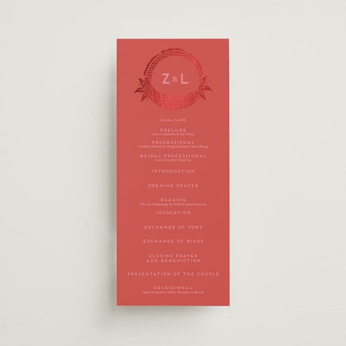 This is a ruby unique wedding programs with foil pressed by Ghia Designs called fiery printing on signature in 4x9
