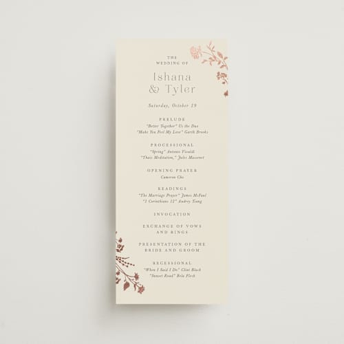 This is a creme brulee unique wedding programs with foil pressed by Jennifer Wick called queen anne's lace printing on signature in 4x9