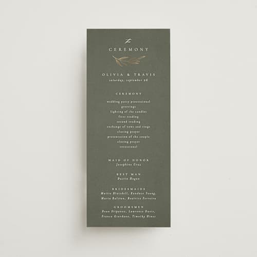 This is a moss unique wedding programs with foil pressed by Kelly Schmidt called leaves printing on signature in 4x9