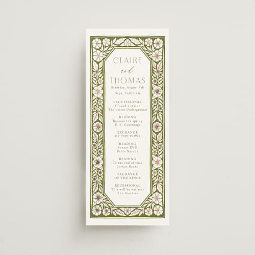 This is a avocado unique wedding programs with foil pressed by Katharine Watson called inlay frame printing on signature in 4x9