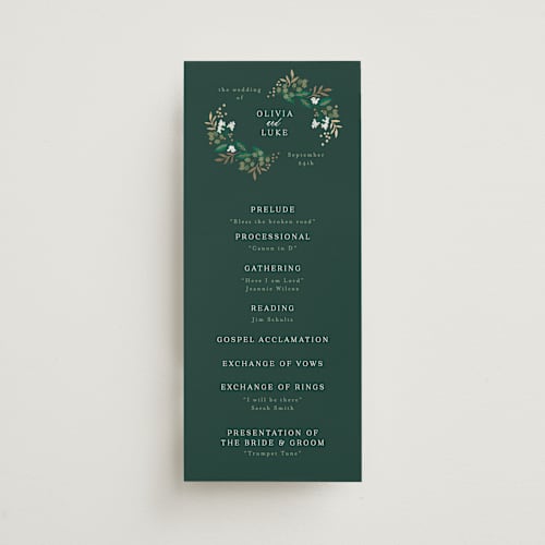 This is a evergreen unique wedding programs with foil pressed by Alethea and Ruth called illuminated storybook printing on signature in 4x9