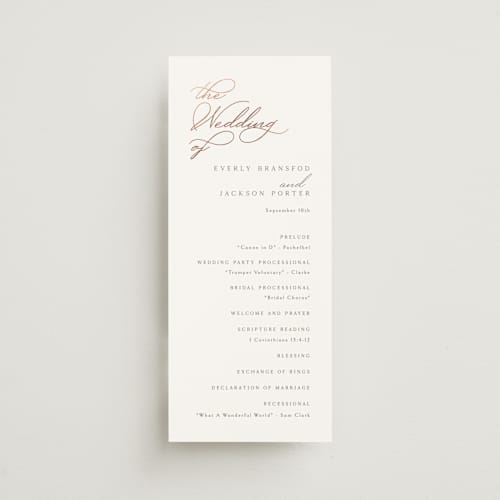This is a snow unique wedding programs with foil pressed by Kaydi Bishop called eternal printing on signature in 4x9