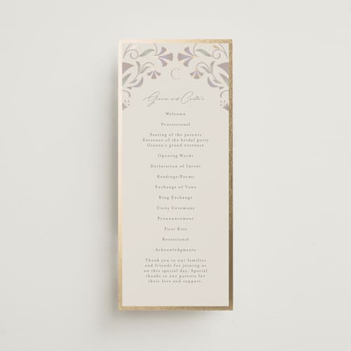 This is a vanilla unique wedding programs with foil pressed by lori jacobs wemple called deco nouveau printing on signature in 4x9