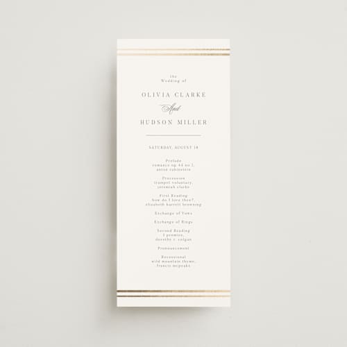 This is a pearl unique wedding programs with foil pressed by Nicole Walsh called classic elegance printing on signature in 4x9