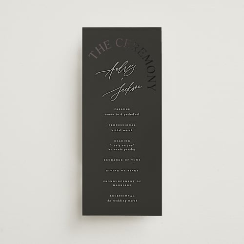 This is a truffle unique wedding programs with foil pressed by Vera Lim called the arc printing on signature in 4x9