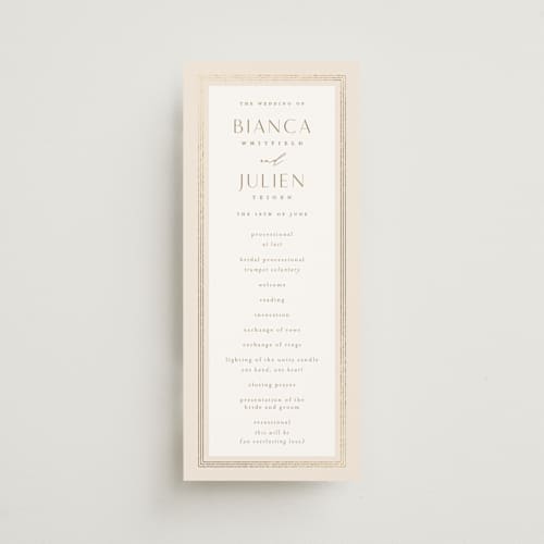 This is a latte unique wedding programs with foil pressed by Kristie Kern called soleil printing on signature in 4x9