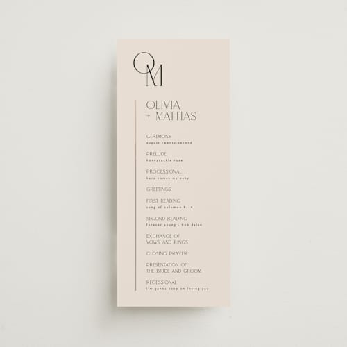 This is a linen unique wedding programs with foil pressed by Kelly Schmidt called modern corner printing on signature in 4x9
