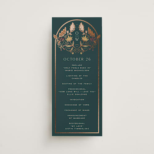 This is a deep sea unique wedding programs with foil pressed by Erin German called autumnal arch printing on signature in 4x9