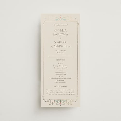 This is a ivory unique wedding programs with foil pressed by Maria Hilas-Louie called ornate elegance printing on signature in 4x9