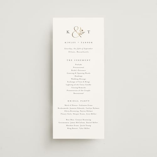 This is a cotton unique wedding programs with foil pressed by Jennifer Postorino called wildflower printing on signature in 4x9
