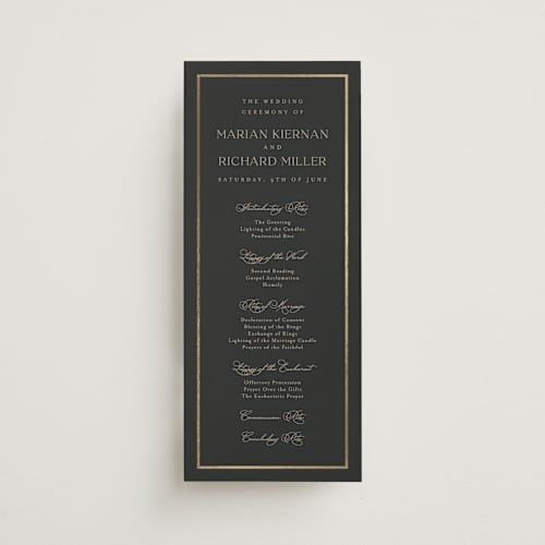 This is a charcoal unique wedding programs with foil pressed by Lucrecia Caporale called timeless charm printing on signature in 4x9